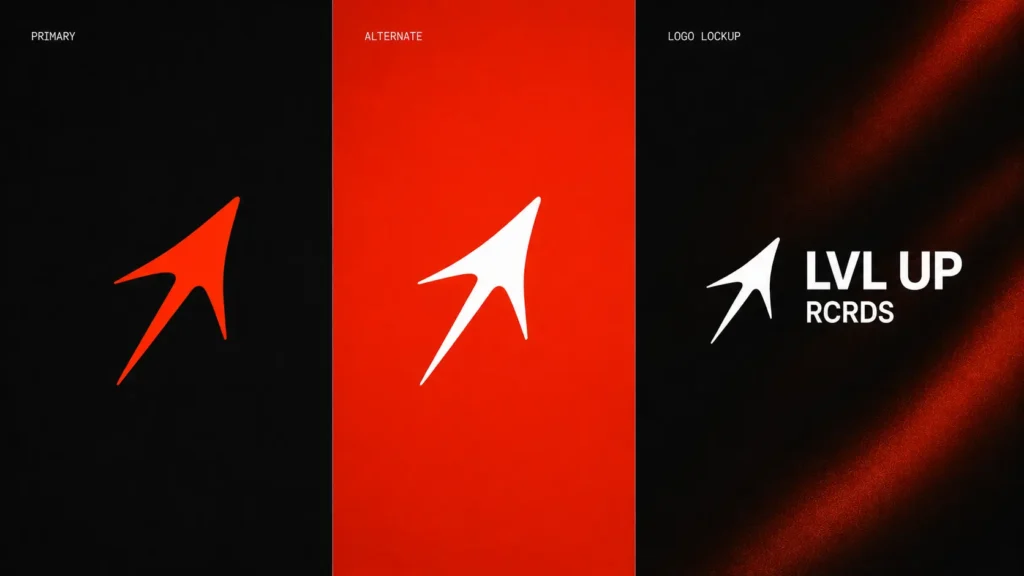 LVL UP RCRDS logo system showing primary and secondary logo variations across orange, black, and white backgrounds.