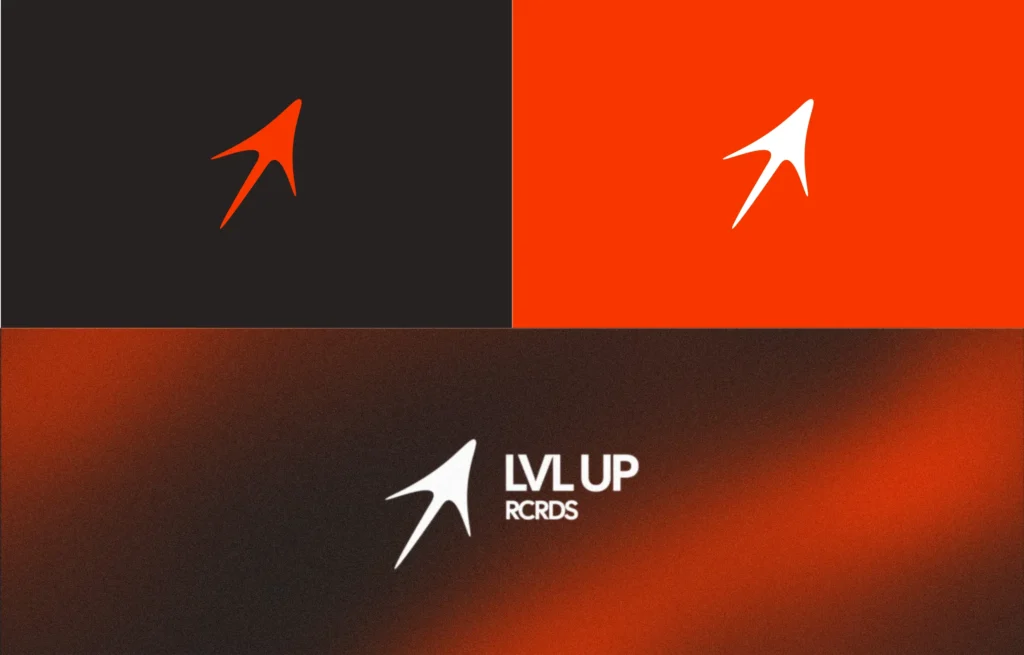 LVL UP RCRDS logo system showing primary and secondary logo variations across orange, black, and white backgrounds.