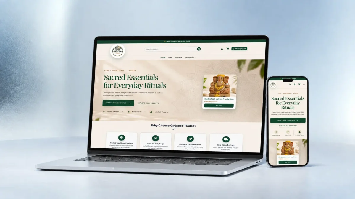 Girijapati Trades responsive e-commerce website displayed on laptop and mobile