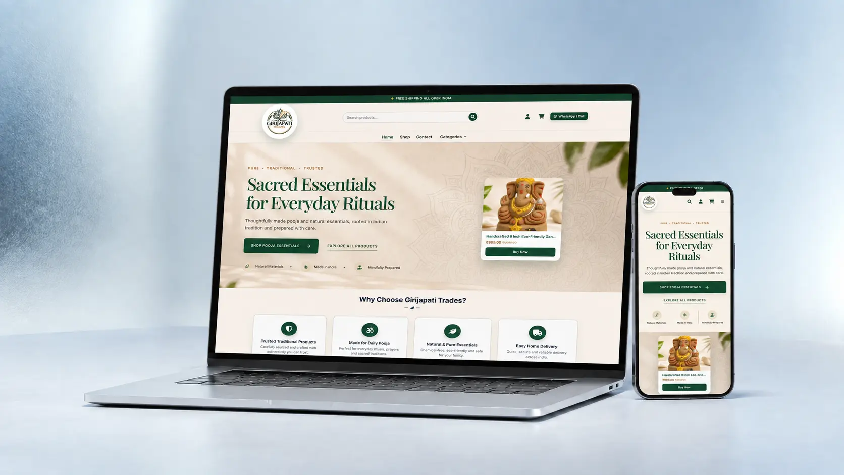 Girijapati Trades responsive e-commerce website displayed on laptop and mobile